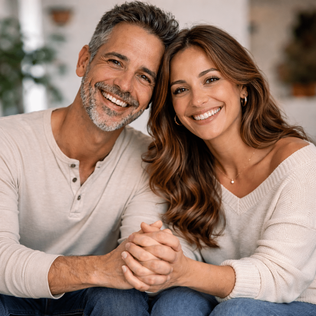 Pareja de mediana edad sentada, cogida de la mano y sonriendo al frente en un ambiente cálido y cercano.